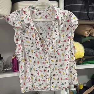 Alice + Olivia White Printed Ruffle Blouse